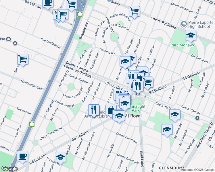 map of restaurants, bars, coffee shops, grocery stores, and more near 8 Avenue Kenaston Avenue in Mont-Royal