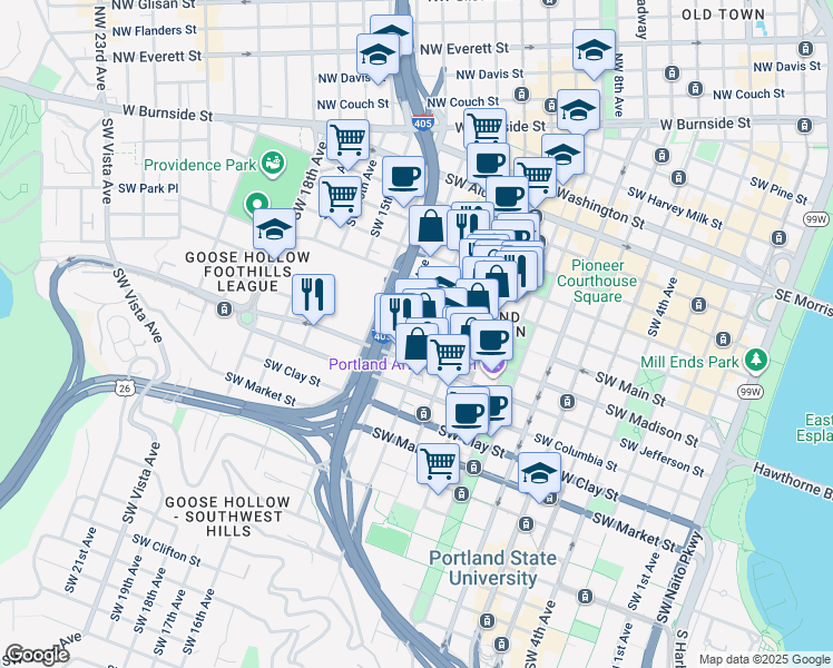 map of restaurants, bars, coffee shops, grocery stores, and more near 1132 Southwest 13th Avenue in Portland