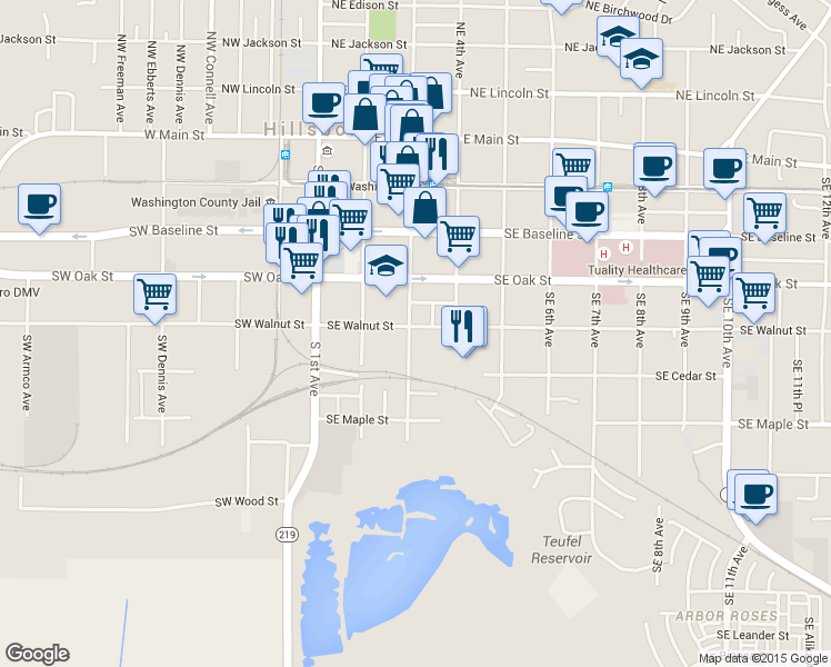 map of restaurants, bars, coffee shops, grocery stores, and more near 308 Southeast Walnut Street in Hillsboro