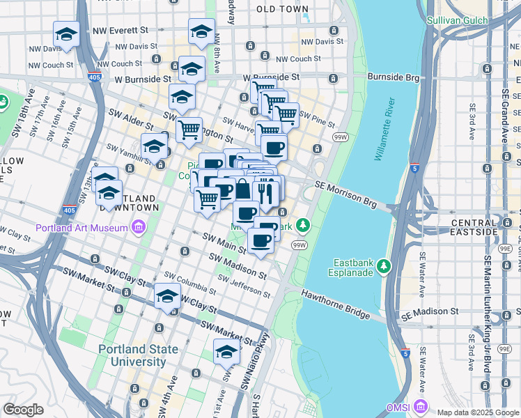 map of restaurants, bars, coffee shops, grocery stores, and more near 808 Southwest 3rd Avenue in Portland