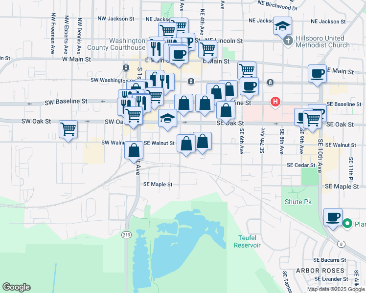 map of restaurants, bars, coffee shops, grocery stores, and more near 308 Southeast Walnut Street in Hillsboro