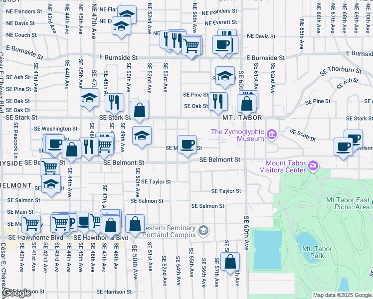 map of restaurants, bars, coffee shops, grocery stores, and more near 807 Southeast 55th Avenue in Portland