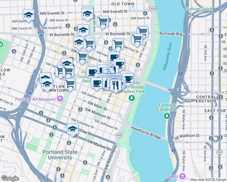 map of restaurants, bars, coffee shops, grocery stores, and more near 808 Southwest 3rd Avenue in Portland