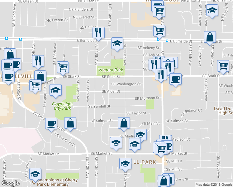 map of restaurants, bars, coffee shops, grocery stores, and more near 11550 Southeast Alder Street in Portland