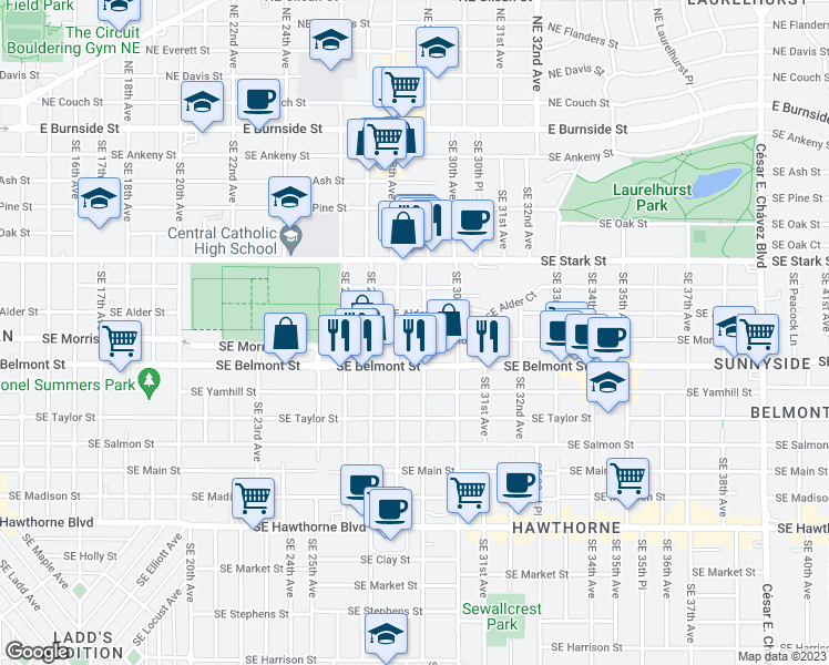 map of restaurants, bars, coffee shops, grocery stores, and more near 725 Southeast 29th Avenue in Portland