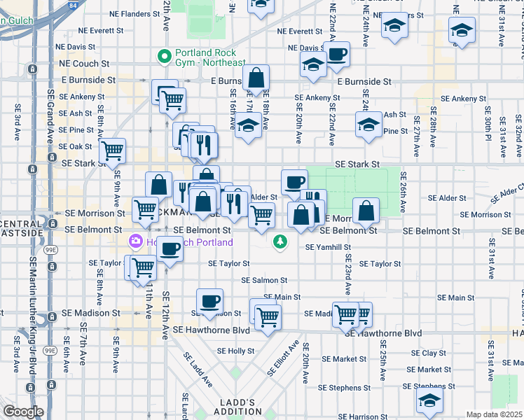 map of restaurants, bars, coffee shops, grocery stores, and more near 722 Southeast 18th Avenue in Portland