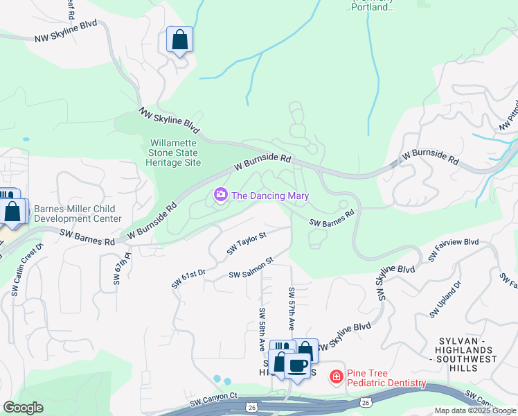 map of restaurants, bars, coffee shops, grocery stores, and more near 5852 Southwest Barnes Road in Portland