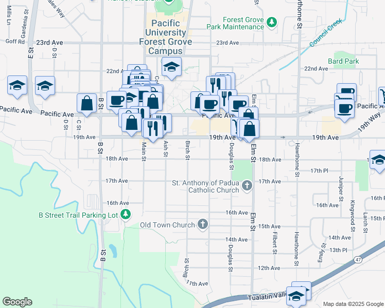 map of restaurants, bars, coffee shops, grocery stores, and more near 1803 Birch Street in Forest Grove
