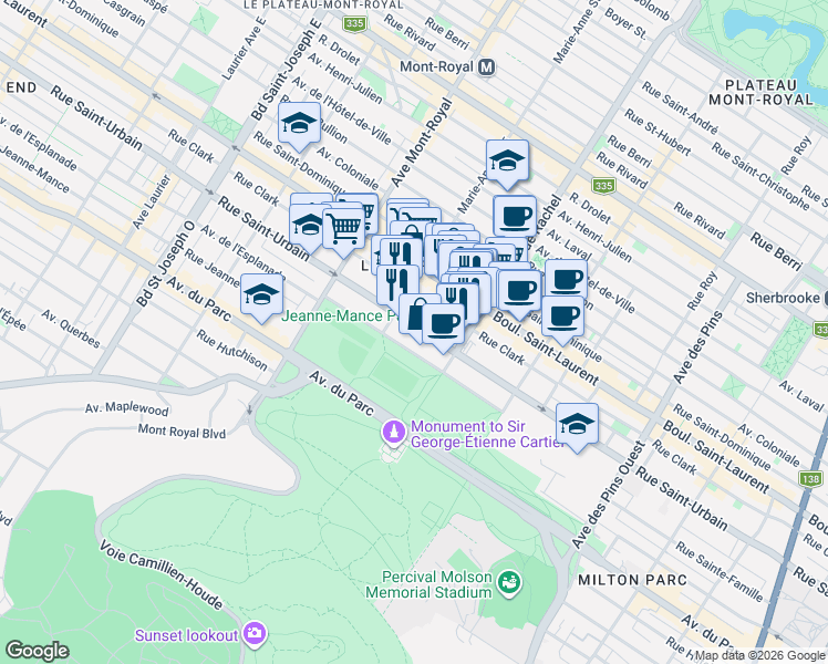 map of restaurants, bars, coffee shops, grocery stores, and more near 4288 Rue Saint-Urbain in Montréal