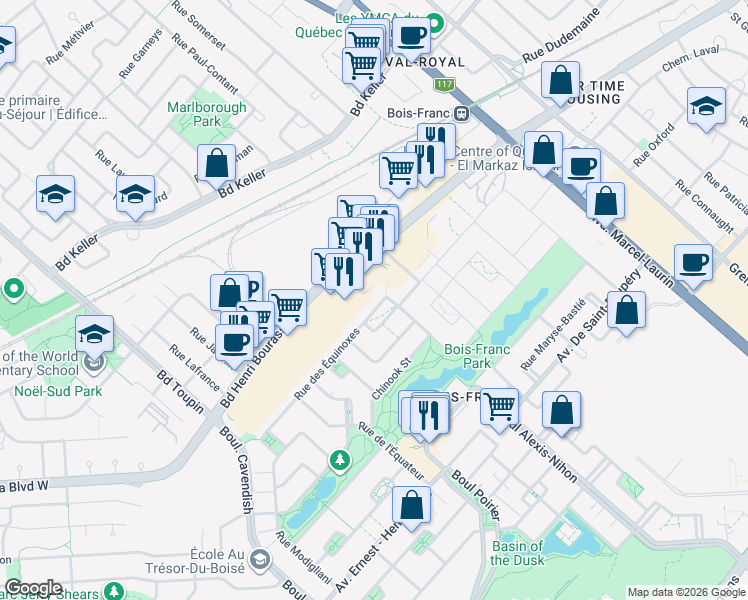 map of restaurants, bars, coffee shops, grocery stores, and more near 2495 Rue des Équinoxes in Montréal