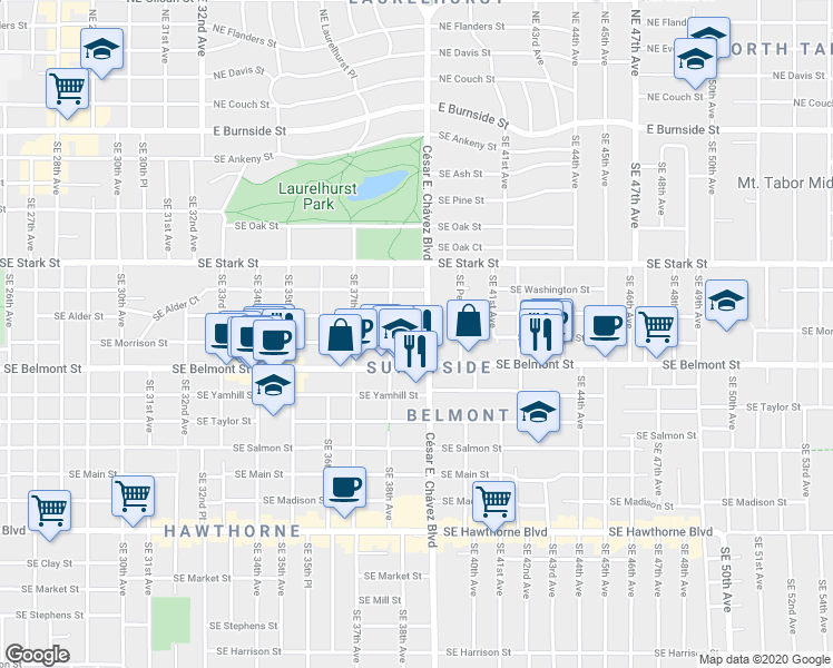 map of restaurants, bars, coffee shops, grocery stores, and more near 3845 Southeast Morrison Street in Portland