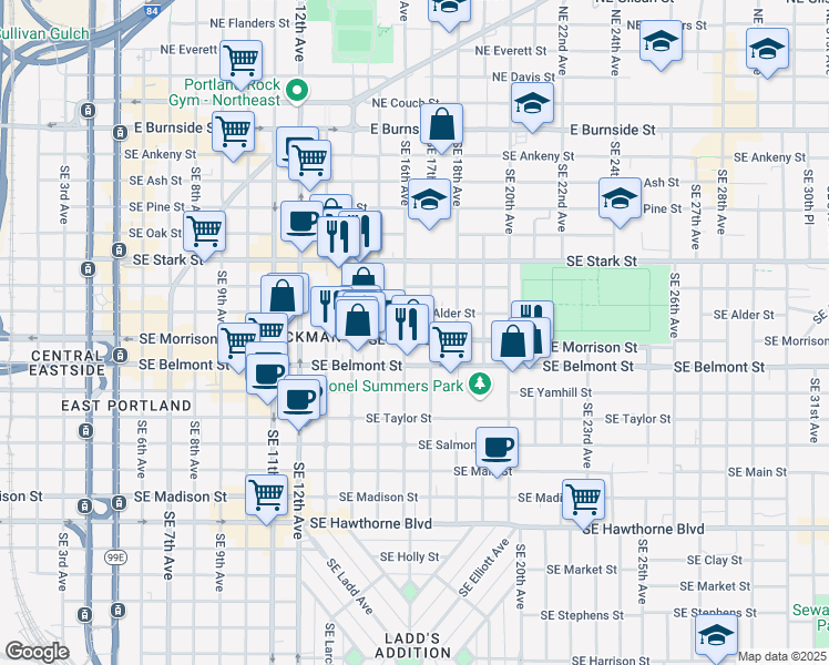 map of restaurants, bars, coffee shops, grocery stores, and more near 736 Southeast 16th Avenue in Portland