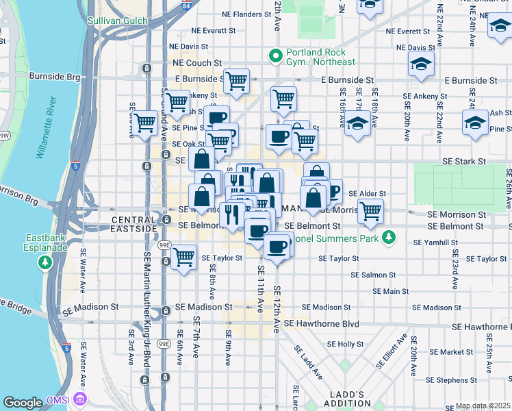 map of restaurants, bars, coffee shops, grocery stores, and more near 1025 Southeast Morrison Street in Portland
