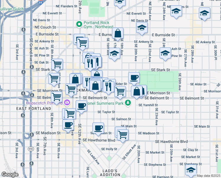map of restaurants, bars, coffee shops, grocery stores, and more near 736 Southeast 16th Avenue in Portland