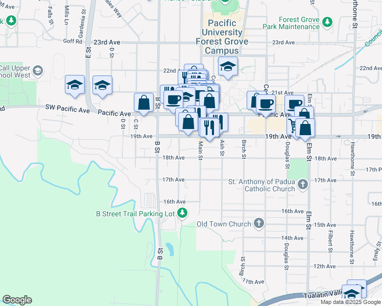 map of restaurants, bars, coffee shops, grocery stores, and more near 1923 18th Avenue in Forest Grove