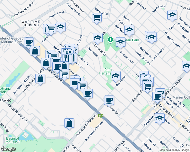 map of restaurants, bars, coffee shops, grocery stores, and more near 1655 Rue Deguire in Montreal