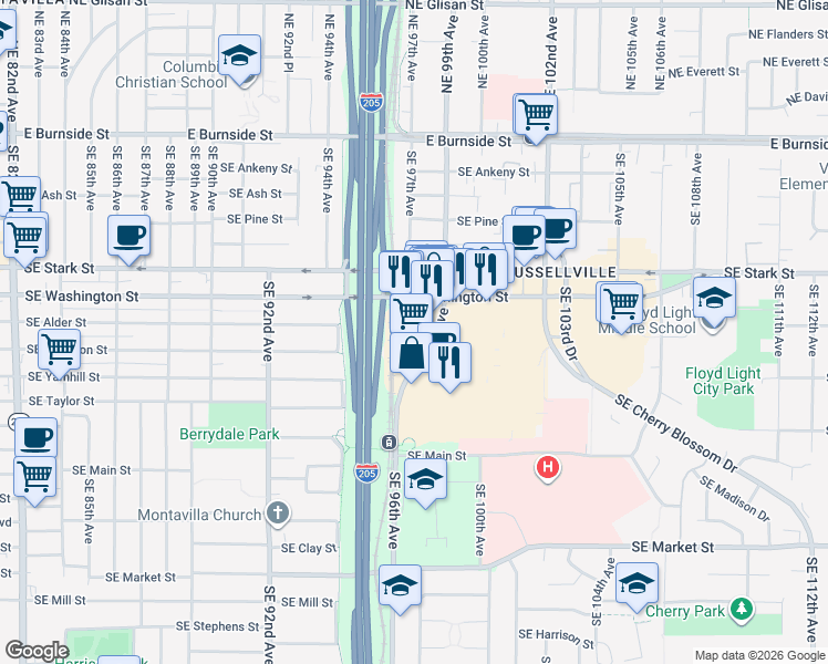 map of restaurants, bars, coffee shops, grocery stores, and more near 9710-9740 Southeast Washington Street in Portland