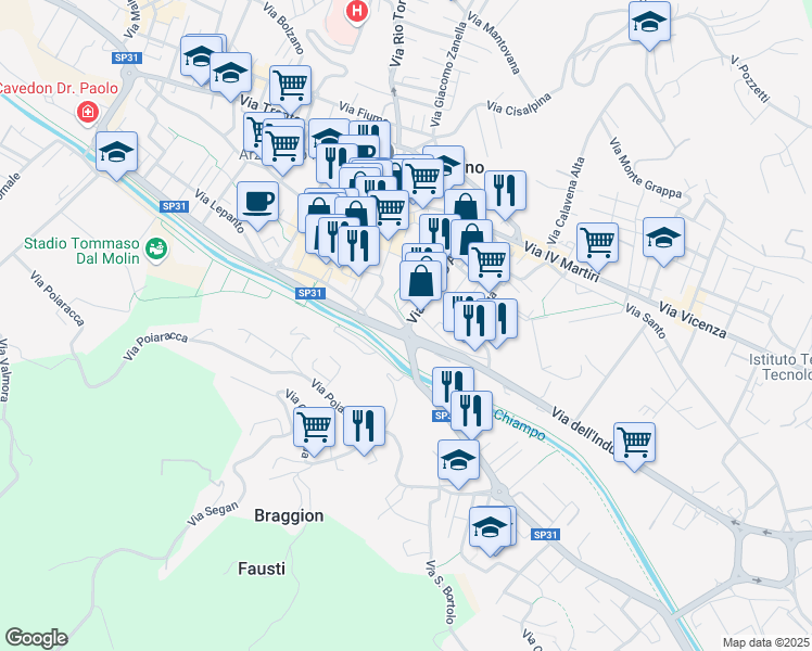 map of restaurants, bars, coffee shops, grocery stores, and more near 64 Via Camillo Benso Conte di Cavour in Arzignano