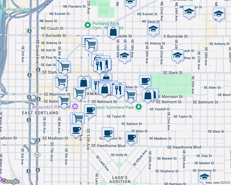 map of restaurants, bars, coffee shops, grocery stores, and more near 1414 Southeast Morrison Street in Portland