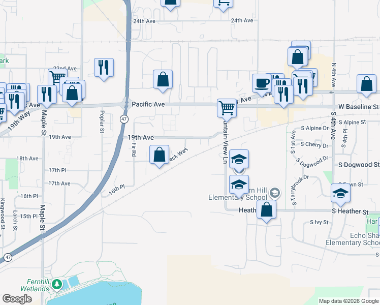 map of restaurants, bars, coffee shops, grocery stores, and more near 1830 Tamarack Way in Forest Grove