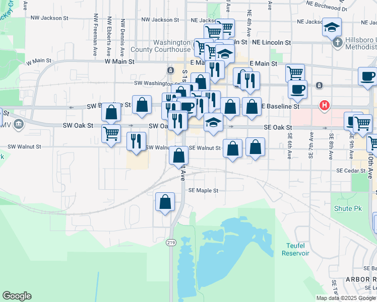 map of restaurants, bars, coffee shops, grocery stores, and more near 510 South 1st Avenue in Hillsboro