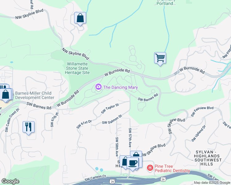 map of restaurants, bars, coffee shops, grocery stores, and more near 5852 Southwest Barnes Road in Portland