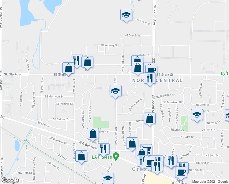 map of restaurants, bars, coffee shops, grocery stores, and more near 725 Southeast 217th Avenue in Gresham