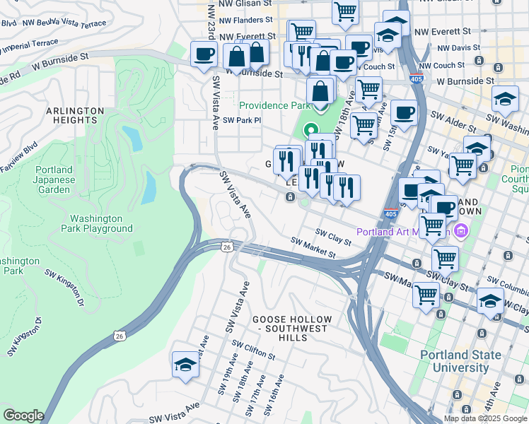 map of restaurants, bars, coffee shops, grocery stores, and more near 1475 Southwest 20th Avenue in Portland