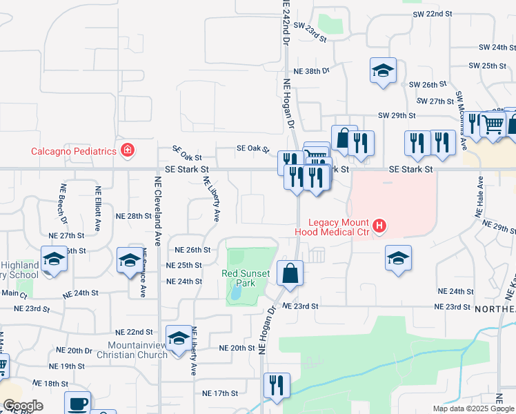 map of restaurants, bars, coffee shops, grocery stores, and more near 24050 Southeast Stark Street in Gresham