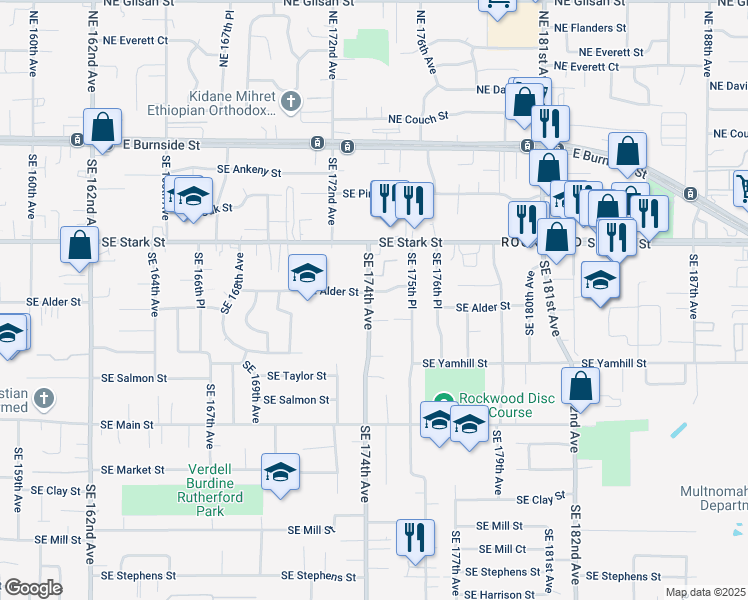 map of restaurants, bars, coffee shops, grocery stores, and more near 17432 Southeast Washington Court in Portland