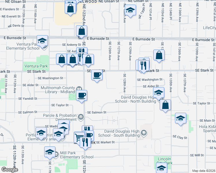 map of restaurants, bars, coffee shops, grocery stores, and more near 12640 Southeast Stark Street in Portland