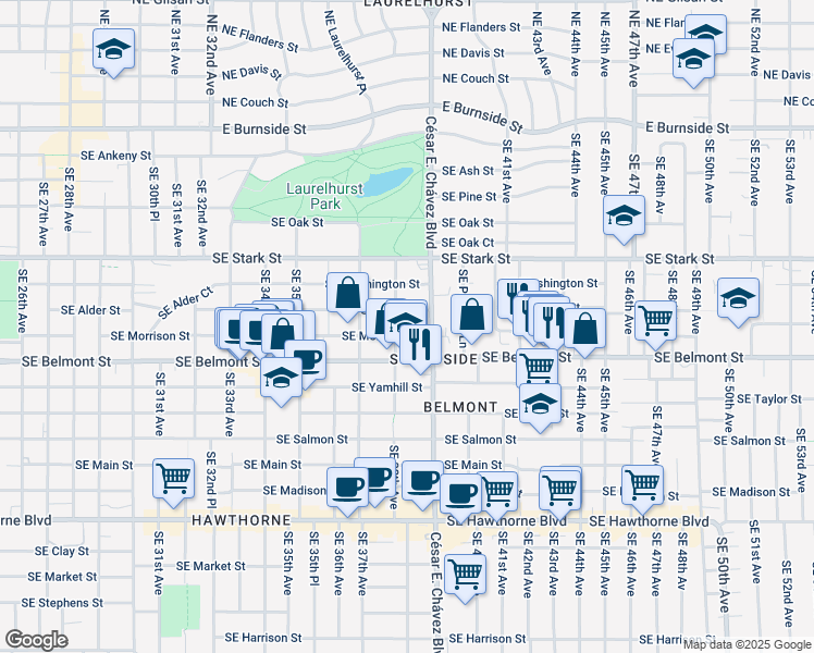 map of restaurants, bars, coffee shops, grocery stores, and more near 3845 Southeast Morrison Street in Portland