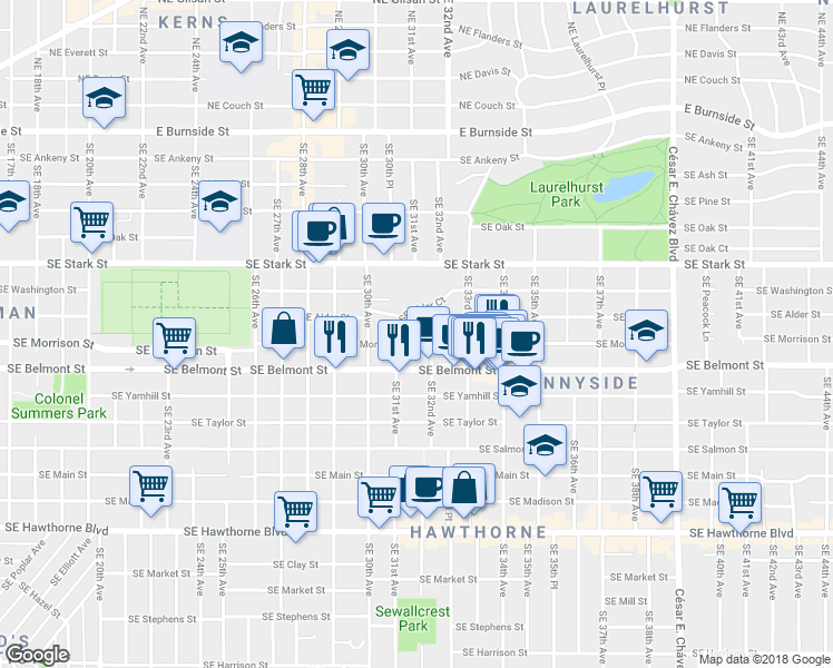 map of restaurants, bars, coffee shops, grocery stores, and more near 721 Southeast 32nd Avenue in Portland