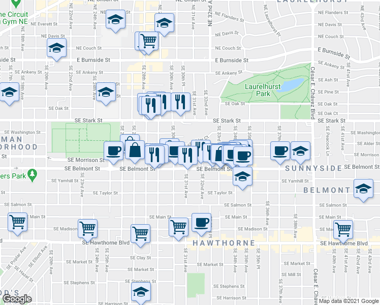 map of restaurants, bars, coffee shops, grocery stores, and more near 3025 Southeast Alder Court in Portland