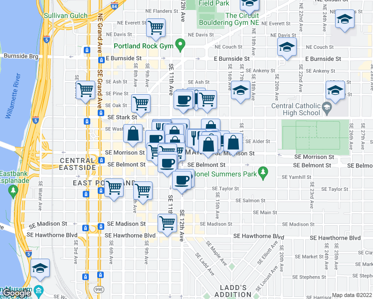 map of restaurants, bars, coffee shops, grocery stores, and more near in Portland