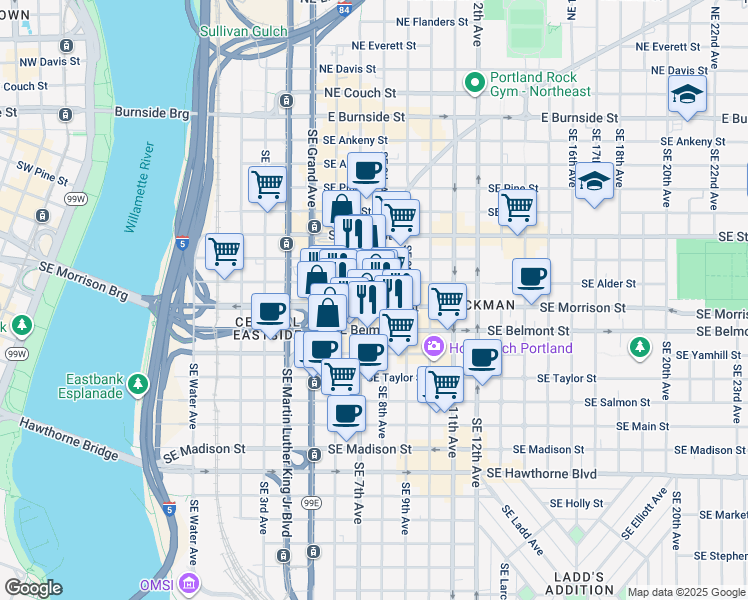 map of restaurants, bars, coffee shops, grocery stores, and more near 721 Southeast Morrison Street in Portland