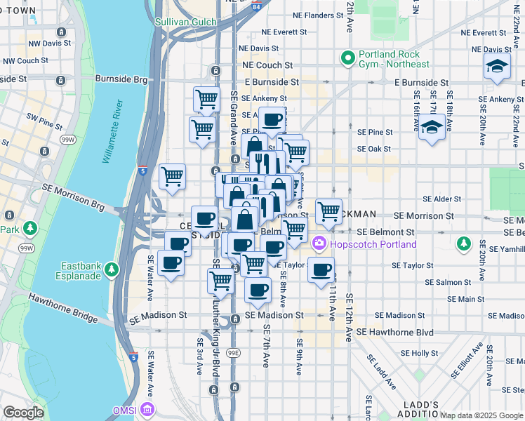 map of restaurants, bars, coffee shops, grocery stores, and more near 734 Southeast 6th Avenue in Portland