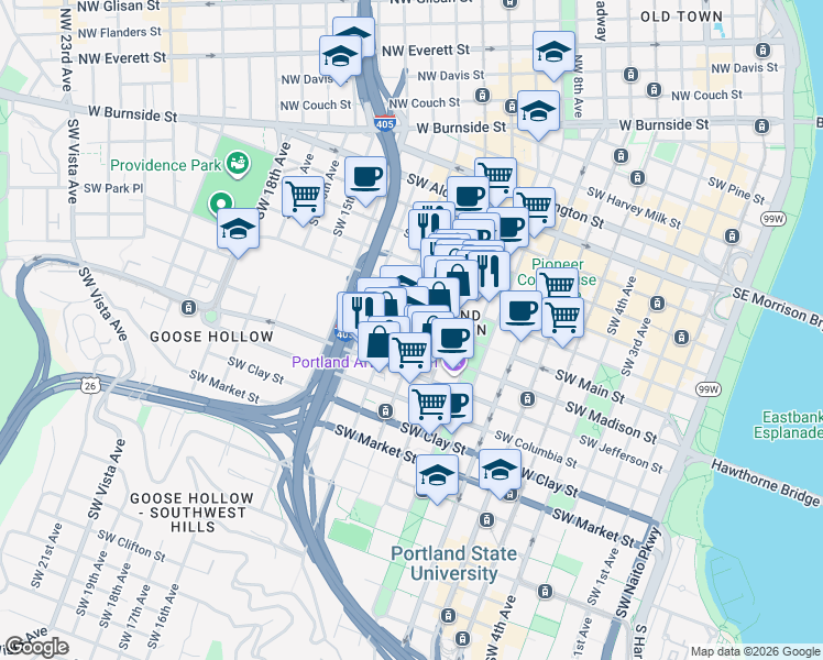 map of restaurants, bars, coffee shops, grocery stores, and more near in Portland