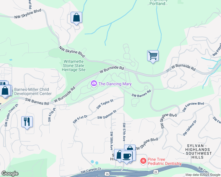 map of restaurants, bars, coffee shops, grocery stores, and more near 5852 Southwest Barnes Road in Portland