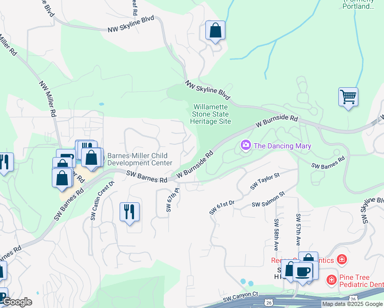 map of restaurants, bars, coffee shops, grocery stores, and more near 6625 West Burnside Road in Portland
