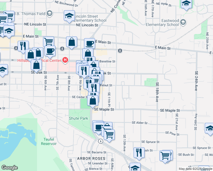 map of restaurants, bars, coffee shops, grocery stores, and more near 1117 Southeast Walnut Street in Hillsboro