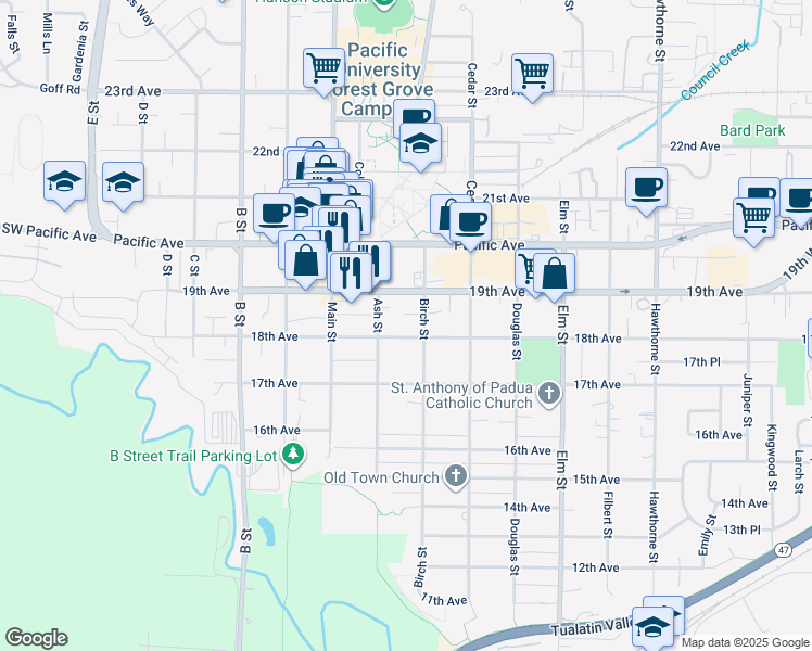 map of restaurants, bars, coffee shops, grocery stores, and more near 2117 18th Avenue in Forest Grove