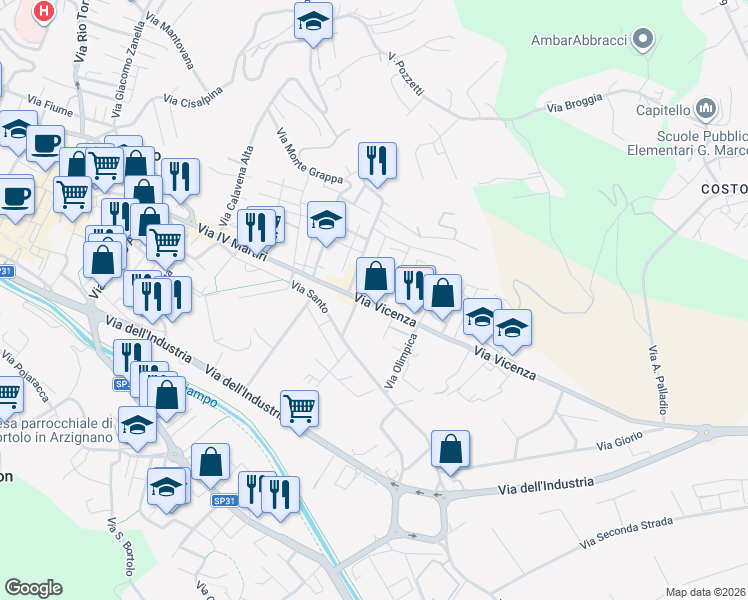 map of restaurants, bars, coffee shops, grocery stores, and more near 23 Via Vicenza in Arzignano