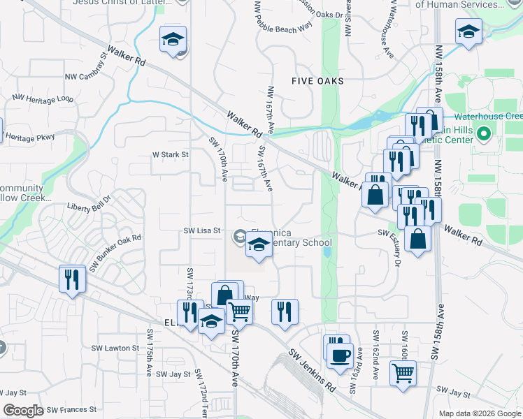 map of restaurants, bars, coffee shops, grocery stores, and more near 16750 Southwest Springwater Lane in Beaverton