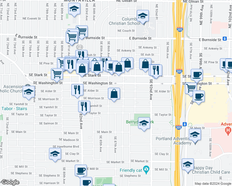 map of restaurants, bars, coffee shops, grocery stores, and more near 8650 Southeast Alder Street in Portland