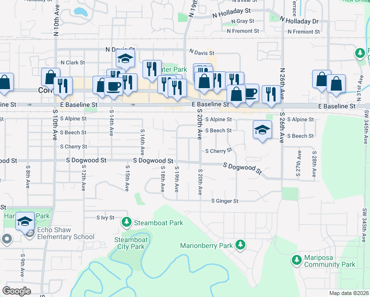 map of restaurants, bars, coffee shops, grocery stores, and more near 296 South 19th Place in Cornelius