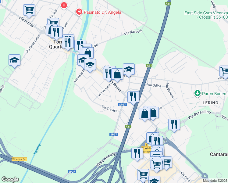 map of restaurants, bars, coffee shops, grocery stores, and more near 6 Via Europa in Torri di Quartesolo
