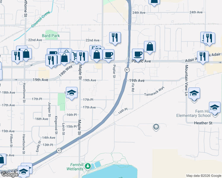 map of restaurants, bars, coffee shops, grocery stores, and more near 3457 Poplar Court in Forest Grove