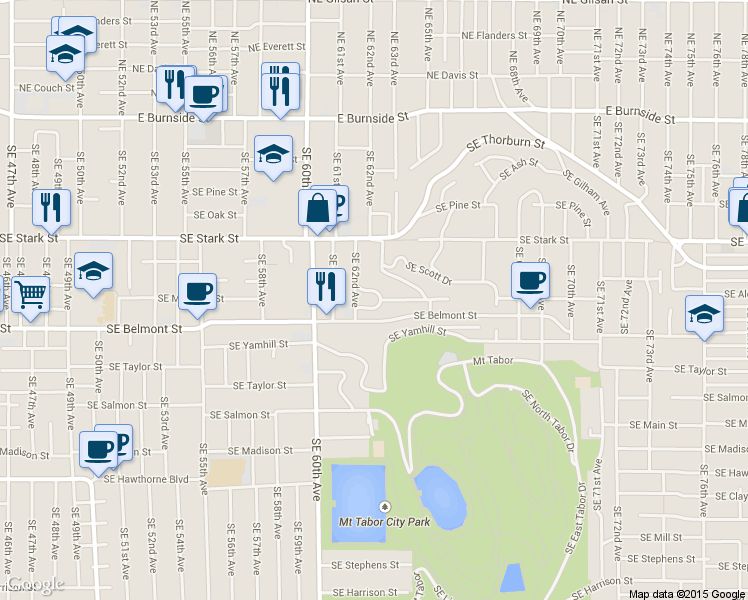 map of restaurants, bars, coffee shops, grocery stores, and more near 717 Southeast 63rd Avenue in Portland