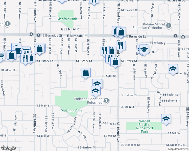 map of restaurants, bars, coffee shops, grocery stores, and more near 15743 Southeast Alder Street in Portland